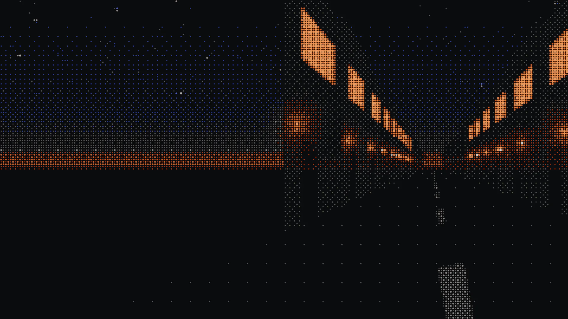 Dithered drawing of a terraced street to the vanishing point, porch lights lit house by house.