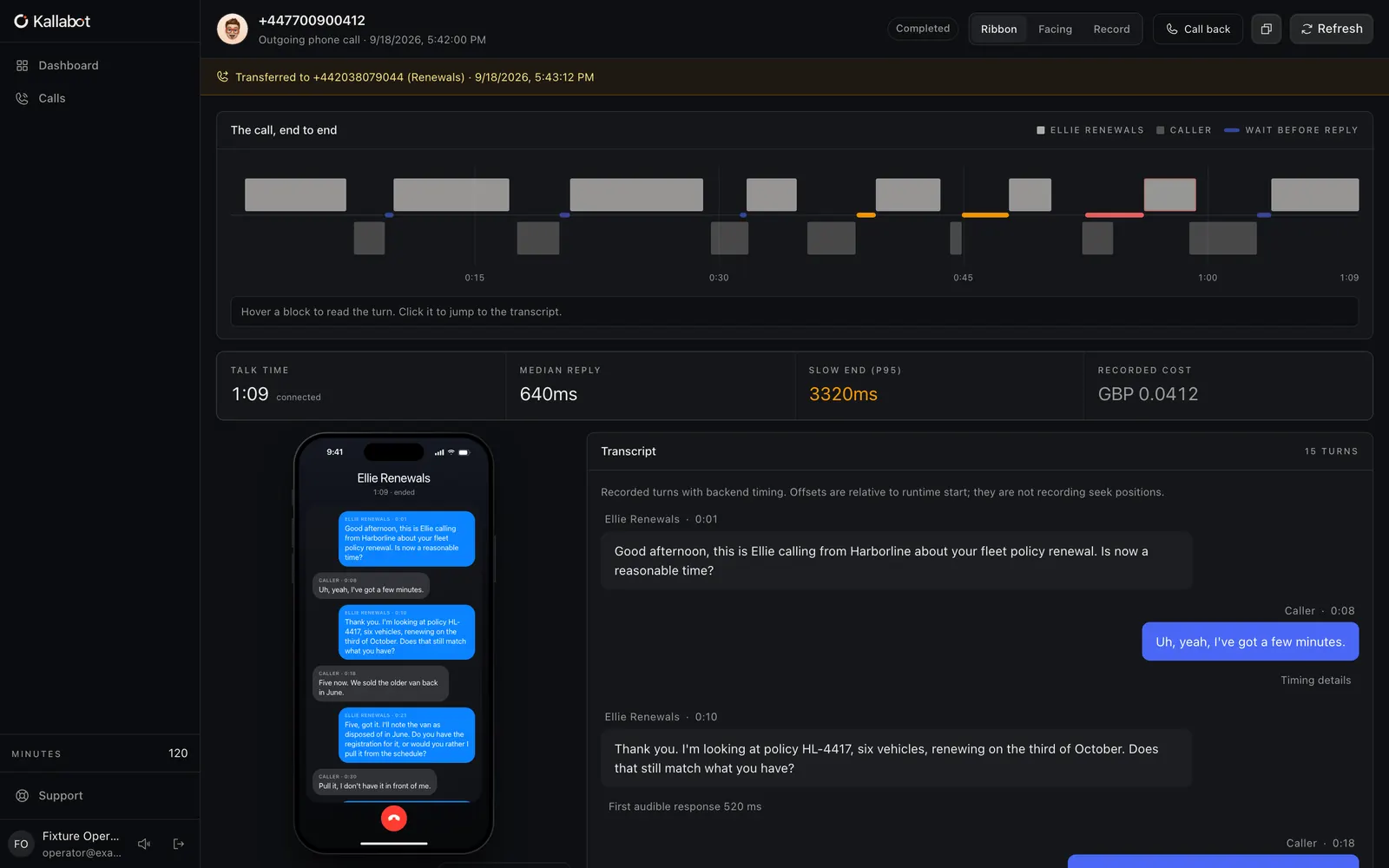 Kallabot call detail screen with a sample transcript and call outcome