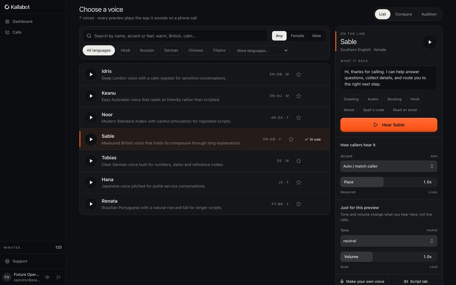 Kallabot voice picker listing voices with language filters