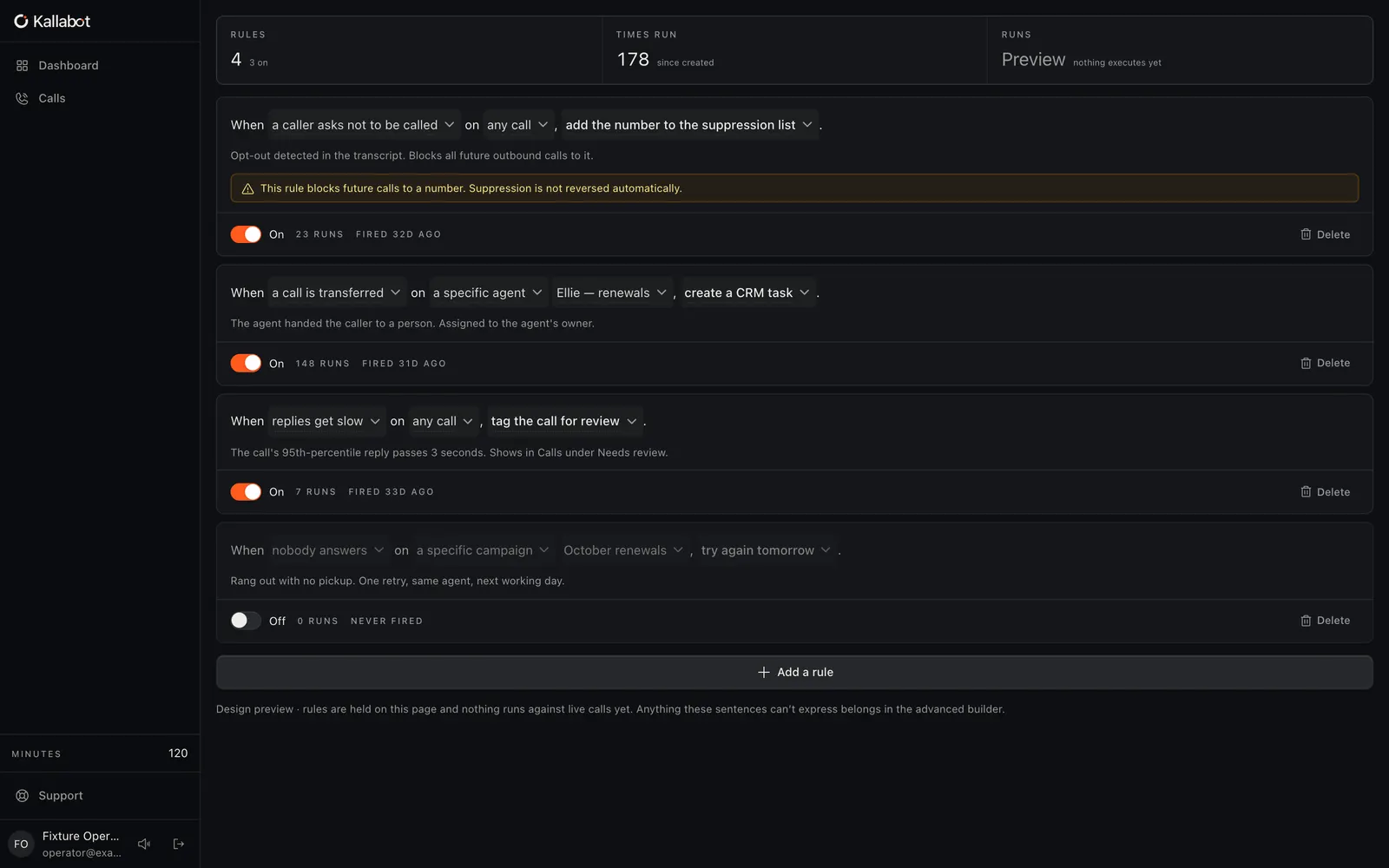 Kallabot workflows screen showing the call-rules editor, labelled as a design preview